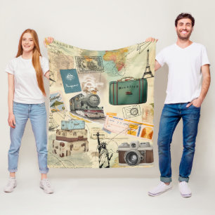 Vintage Travel Collage Fleece Blanket