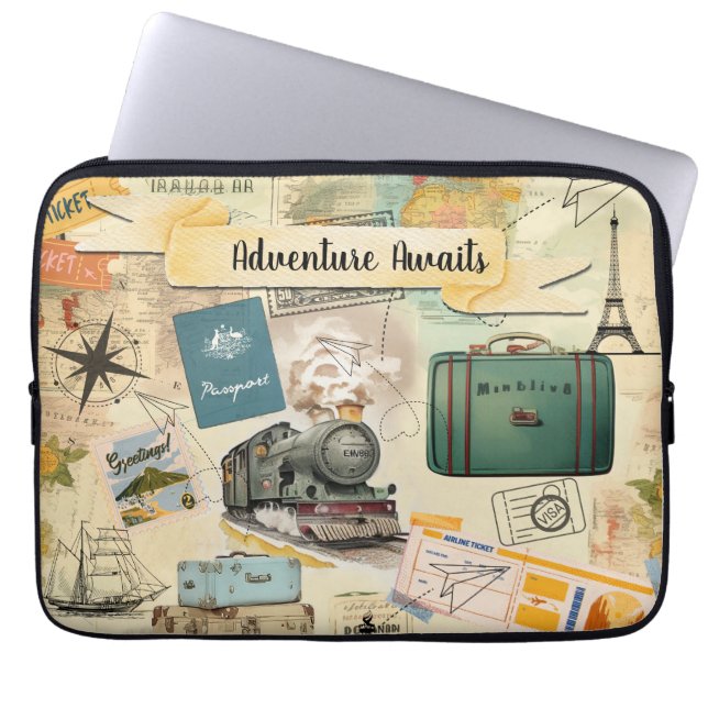 Vintage Travel Collage Laptop Sleeve (Front)