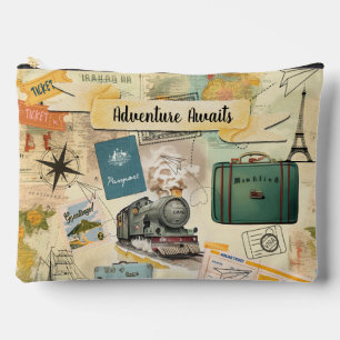 Vintage Travel Collage Large Accessory Pouch