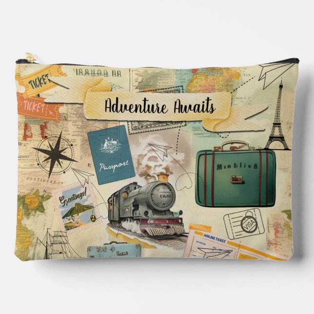 Vintage Travel Collage Large Accessory Pouch (Front)
