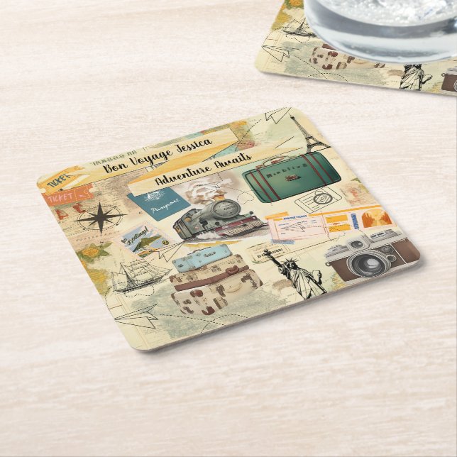 Vintage Travel Collage Square Paper Coaster (Angled)