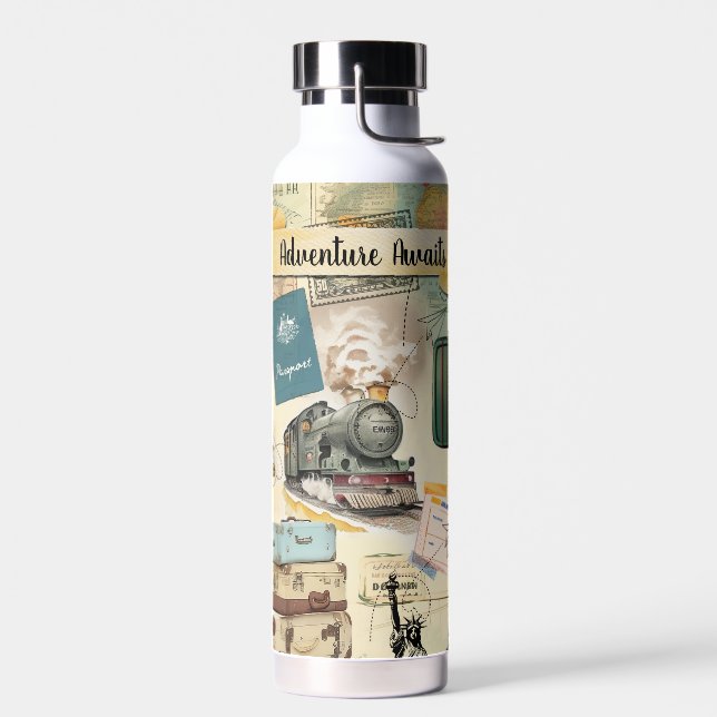 Vintage Travel Collage Water Bottle (Left)
