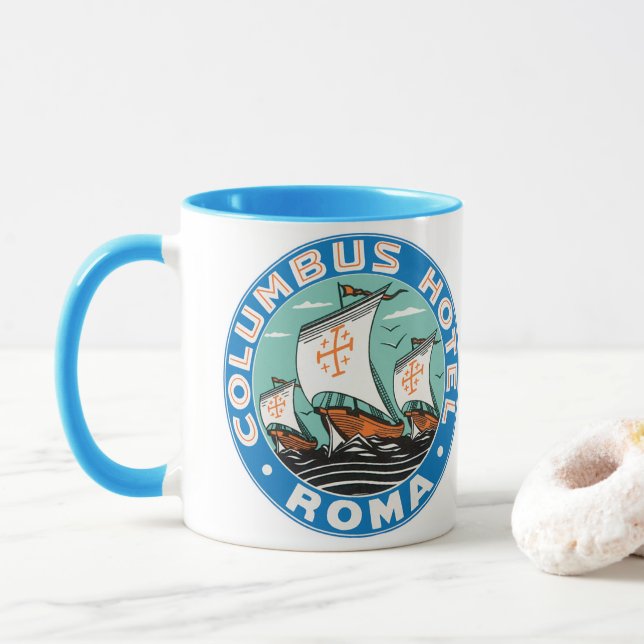 Vintage Travel, Columbus Hotel in Rome Italy Mug (With Donut)