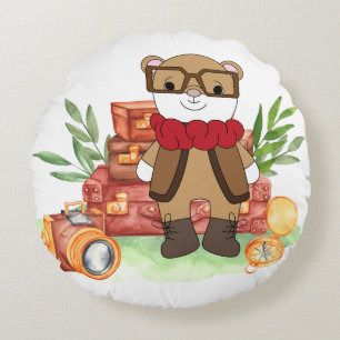 Vintage Travel Cute Bear Cartoon Adventure Round Cushion