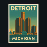 Vintage Travel Detroit Michigan Cityscape Retro Postcard<br><div class="desc">Celebrate the Motor City in style with this vintage travel-inspired postcard featuring the iconic Detroit cityscape. With retro charm and bold,  nostalgic colours,  this piece pays tribute to Detroit’s rich industrial heritage and vibrant skyline.</div>