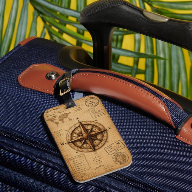 Vintage Travel Diary Compass Luggage Tag (Front Insitu 1)