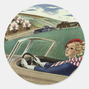 Vintage Travel, Elegant Woman in Convertible Car Classic Round Sticker