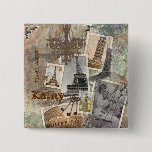Vintage Travel Europe Photographs Paris Italy 15 Cm Square Badge