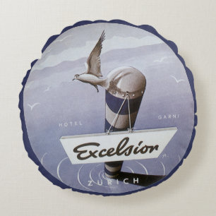 Vintage Travel Excelsior Hotel Zurich Switzerland Round Cushion