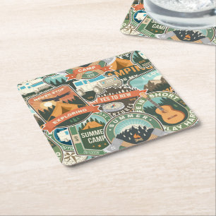Vintage Travel Explorer Pattern Square Paper Coaster