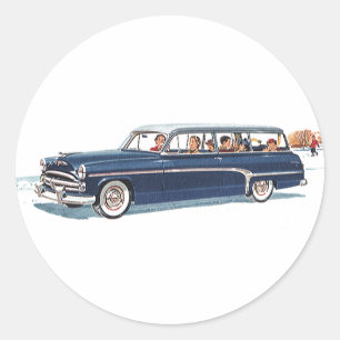 Vintage Travel, Family Vacation in a Station Wagon Classic Round Sticker