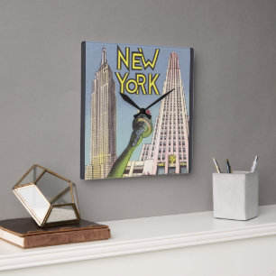 Vintage Travel, Famous New York City Landmarks Square Wall Clock