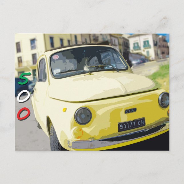 Vintage Travel Fiat 500 Cinquecento, Italy, Yellow Postcard (Front)