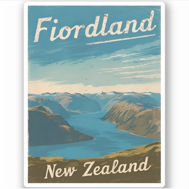 Vintage Travel Fiordland New Zealand Retro Scenic (Front)