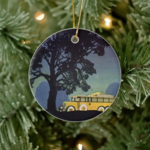 Vintage Travel, Germany, Yellow Bus at Night Ceramic Tree Decoration