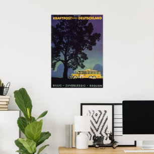 Vintage Travel, Germany, Yellow Bus at Night Poster