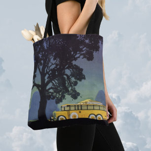 Vintage Travel, Germany, Yellow Bus at Night Tote Bag