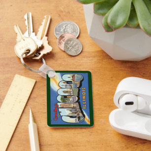 Vintage Travel, Greetings from Chicago Illinois Key Ring