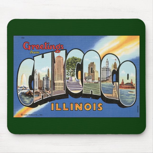 Vintage Travel, Greetings from Chicago Illinois Mouse Mat (Front)