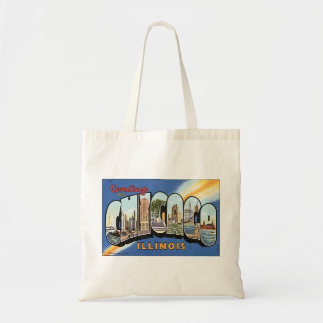 Vintage Travel, Greetings from Chicago Illinois Tote Bag (Front)
