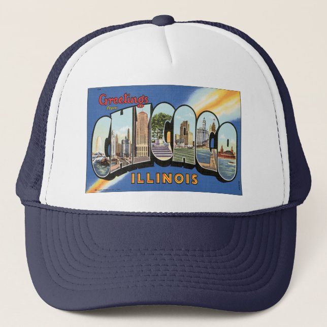 Vintage Travel, Greetings from Chicago Illinois Trucker Hat (Front)