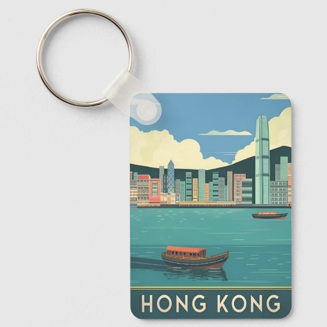 Vintage Travel Hong Kong China Retro Cityscape  Key Ring (Front)