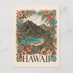 Vintage Travel Illustration of Hawaii with Flowers Postcard