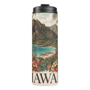 Vintage Travel Illustration of Hawaii with Flowers Thermal Tumbler