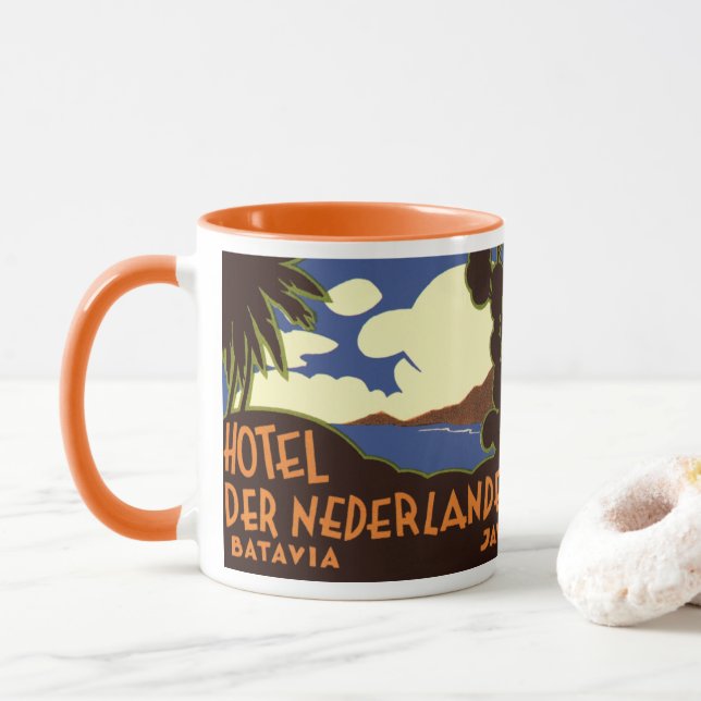 Vintage Travel Jakarta Indonesia Hotel Nederlanden Mug (With Donut)