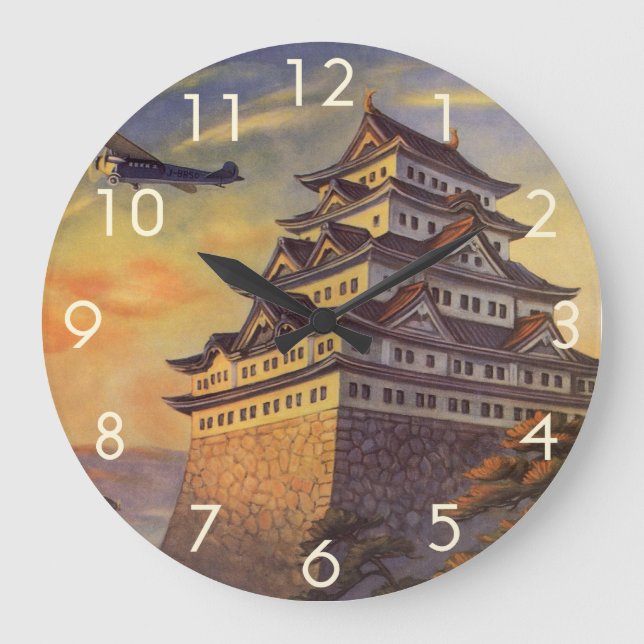 Vintage Travel Japan, Japanese Pagoda Aeroplane Large Clock (Front)