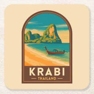 Vintage Travel Krabi Thailand Railay Beach Retro Square Paper Coaster