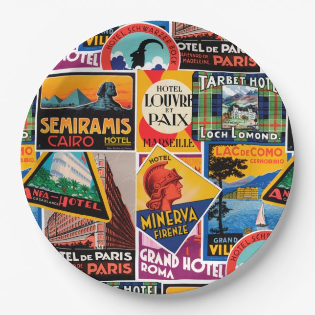 Vintage Travel Labels Paper Plate (Front)