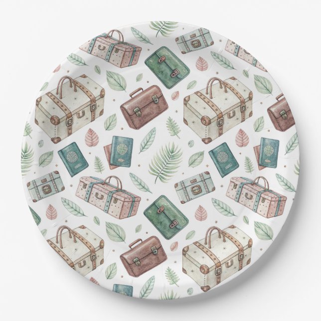 Vintage Travel Luggage Pattern (1) Paper Plate (Front)