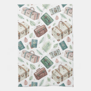 Vintage Travel Luggage Pattern (1) Tea Towel