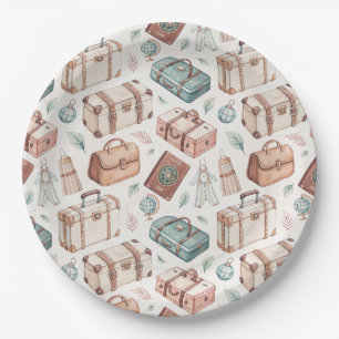 Vintage Travel Luggage Pattern (2) Paper Plate