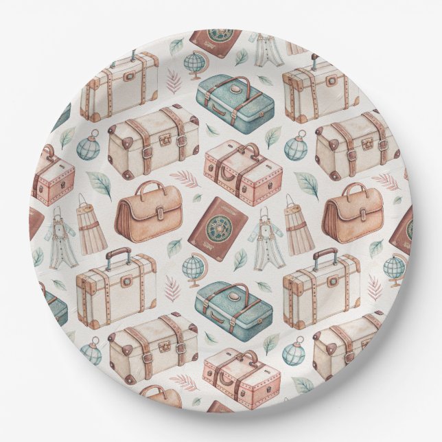 Vintage Travel Luggage Pattern (2) Paper Plate (Front)