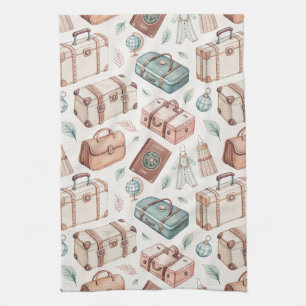 Vintage Travel Luggage Pattern (2) Tea Towel