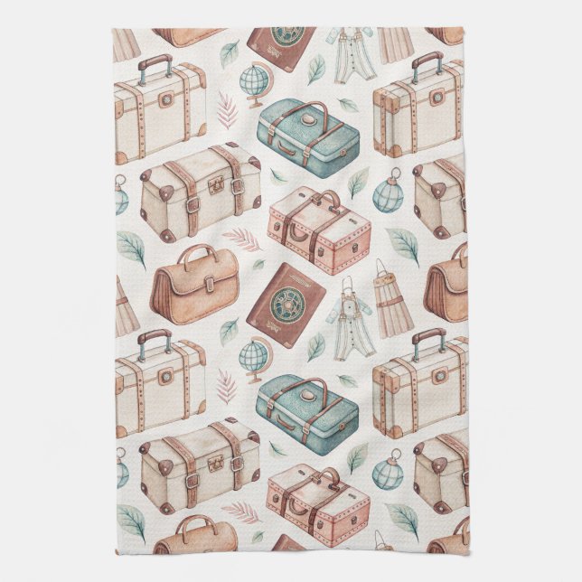 Vintage Travel Luggage Pattern (2) Tea Towel (Vertical)