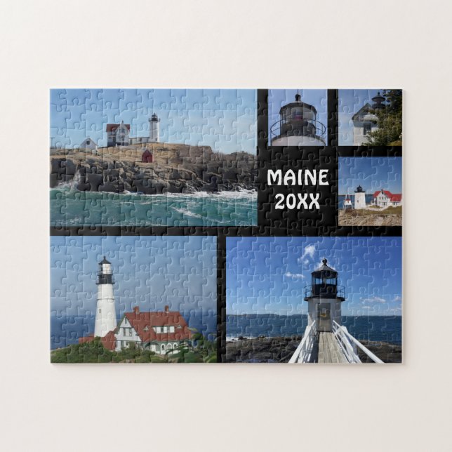 Vintage Travel Maine Lighthouses Collage Date Jigsaw Puzzle (Horizontal)