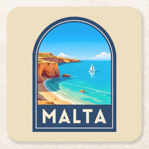 Vintage Travel Malta Seaside Landscape Retro Square Paper Coaster