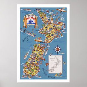 Vintage Travel Map of New Zealand Poster