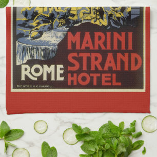 Vintage Travel, Marini Strand Hotel, Rome, Italy Tea Towel