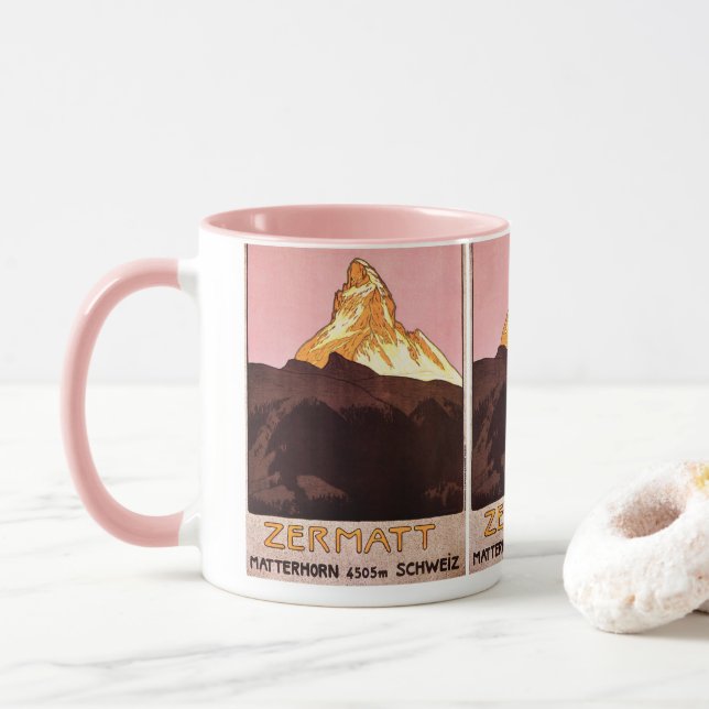 Vintage Travel, Matterhorn Mountain, Switzerland Mug (With Donut)