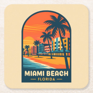 Vintage Travel Miami Beach Florida Sunset Seaside Square Paper Coaster