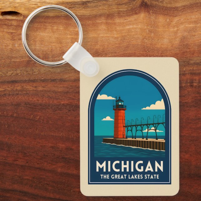 Vintage Travel Michigan Lighthouse Retro Scenic Key Ring (Front)