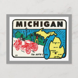 Vintage Travel Michigan MI Auto State Label Postcard