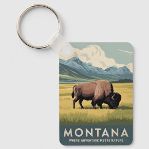 Vintage Travel Montana Bison Wildlife Retro Scenic Key Ring