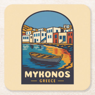 Vintage Travel Mykonos Greece Island Seaside Retro Square Paper Coaster
