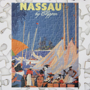 Vintage Travel, Nassau Harbour, Florida, Sailboats Jigsaw Puzzle