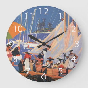 Vintage Travel, Nassau Harbour, Florida, Sailboats Large Clock
